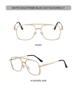 Detailed views of matte gold square pilot glasses with blue light blocking lenses