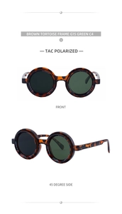 Detail view showing round tortoise frame sunglasses with TAC polarized G15 green lenses