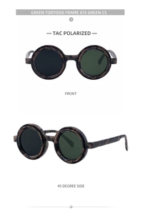 Detail view of round tortoise sunglasses with UV400 green polarized lenses and frame specs