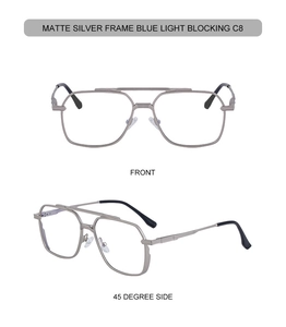 Front and side view of matte silver square double bridge aviator anti-blue light glasses