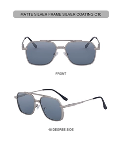 Detail of matte silver square aviator sunglasses with double bridge and silver lenses
