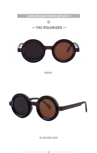 Detailed front and side view of round dark brown polarized sunglasses with UV400 lenses