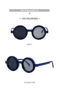 Detail of matte blue gray round sunglasses with TAC polarized lenses and UV400 protection