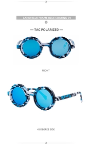 Detail view of round camouflage sunglasses with blue polarized TAC lenses and C9 frame