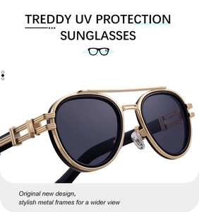 Detail of gold metal pilot sunglasses featuring unique geometric hollow temples and dark lenses