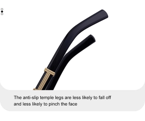 Detail of black temple legs with T-shape gold metal decoration and anti-slip design