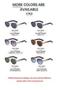 Detailed grid of metal oval frame sunglasses BLS-3640 in six diverse lens color options