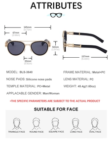 Detailed size chart of vintage oval metal sunglasses with precise mm specifications