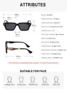 Detailed size chart for square sunglasses showing frame dimensions and material specifications