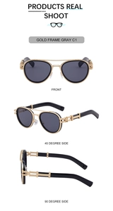 Three-angle views of retro gold metal oval sunglasses with deep gray lenses and C1 frame