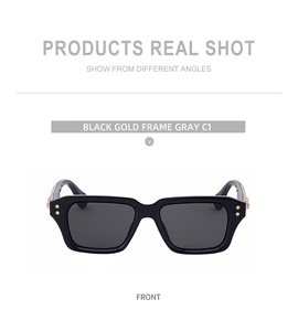 Front view of square black sunglasses with gold rivets and dark gray lenses