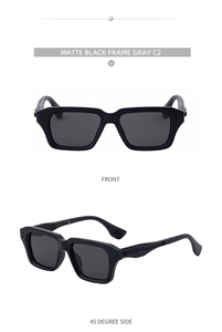 Front and 45-degree side view of matte black square sunglasses with gray lenses