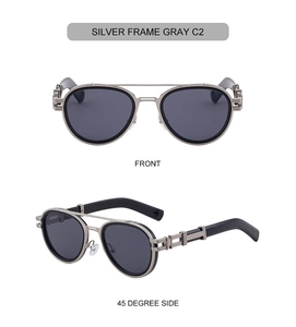 Detail of silver metal frame oval sunglasses with hollow temples and gray lenses