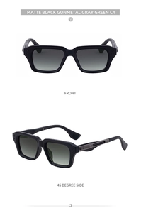Detail view of square matte black sunglasses with gunmetal and green accents