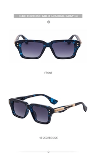Detail view of square blue tortoise sunglasses with gradual gray lenses and gold side trim