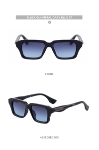 Close-up of black square sunglasses with gunmetal accents and gradient blue-gray lenses