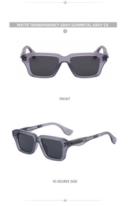 Detail view of matte transparency gray square sunglasses with gunmetal gray lenses