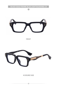 Detail view of square black and gold frame blue light glasses showing front and side angles