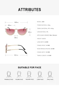 Tableau des tailles et spécifications techniques pour lunettes de soleil œil de chat
