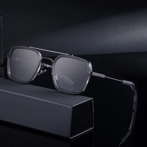 Mens square gunmetal double bridge sunglasses displayed on a textured black case