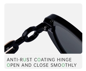 Macro detail of anti-rust metal hinges on black cat-eye sunglasses with gold accents