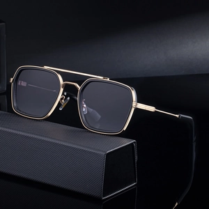 Vintage square frame sunglasses with black gold metal double bridge and premium hard case