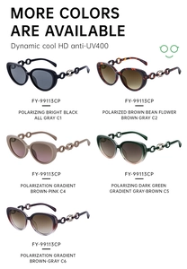 Detailed grid of cat-eye polarized sunglasses in five color styles with UV400 protection