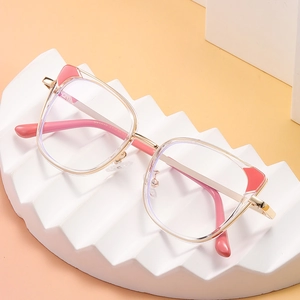 Cat-ear shaped eyeglasses frame with pink cat ears and transparent acetate metal frame