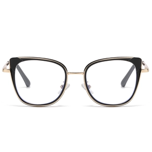 Modern cat-eye glasses frame with black and gold metallic accents on white background