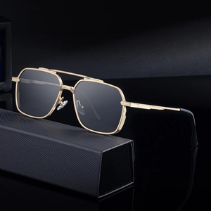 Square aviator sunglasses with double bridge metal frame and dark grey lenses on case