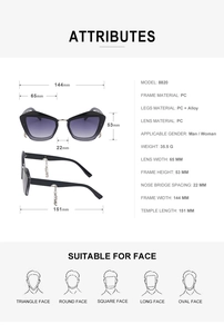 Lunettes de soleil œil de chat avec monture PC, verres dégradés et charms métalliques