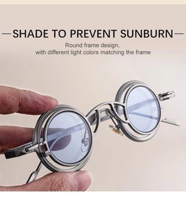 Macro detail of industrial style round metal sunglasses with hollow double-ring frame design