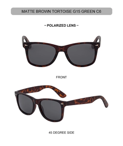 Detail view of matte brown tortoise square sunglasses with polarized G15 green lenses