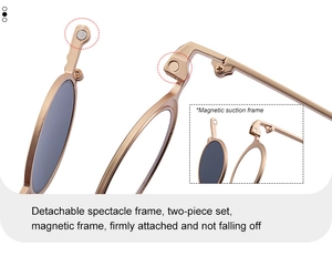 Detail view of the rose gold magnetic clip-on mechanism and lightweight metal frame