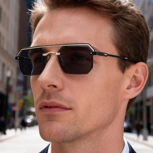 Lunettes de soleil homme sans monture avec double pont doré et verres octogonaux noirs chic