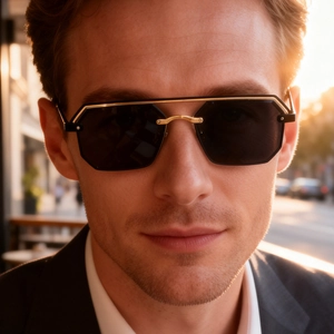 Gros plan de lunettes de soleil vintage sans monture avec double pont doré sur un mannequin