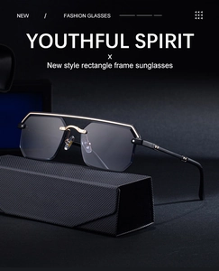 Détail de lunettes de soleil carrées sans monture avec double pont sur étui noir