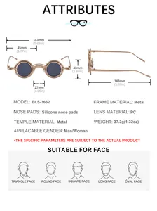 Detailed size chart for round metal sunglasses featuring full frame dimensions and face fit guide