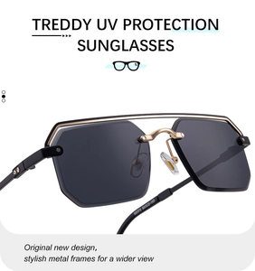Gros plan sur les lunettes de soleil carrées sans monture avec protection UV et pont doré