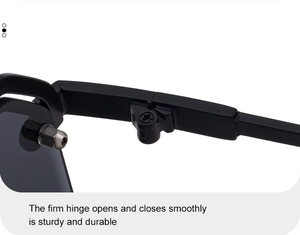 Détail rapproché de la charnière métallique de lunettes de soleil carrées noires