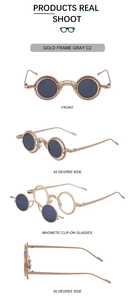 Detailed multi-angle view of gold round frame sunglasses with magnetic gray clip-on lens
