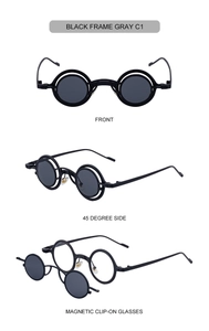 Macro view of magnetic clip-on sunglasses showing black frame and gray lens attachments