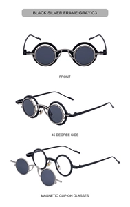Detail of round frame magnetic clip-on sunglasses with metal temples in black silver