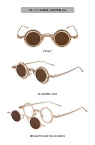 Detail of steampunk round metal sunglasses with magnetic detachable brown clip-on lenses