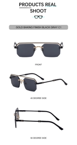 Détails de lunettes de soleil carrées sans monture avec branches en métal doré et noir