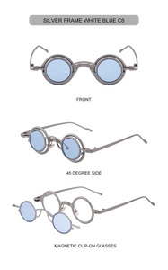 Detail view of round metal steampunk sunglasses with magnetic clip-on blue lenses