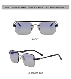 Détail de lunettes de soleil carrées sans monture avec finition gris fusil et double pont