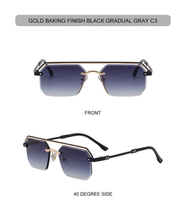 Détails de lunettes de soleil carrées sans monture avec double pont et verres dégradés