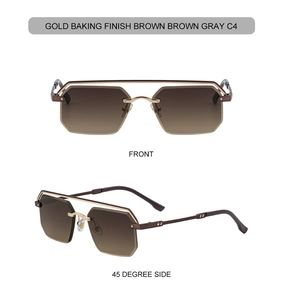 Détail de lunettes de soleil carrées sans monture avec verres dégradés et double pont doré