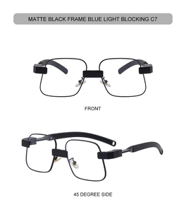 Vista frontale e laterale degli occhiali anti luce blu neri opachi montatura quadrata